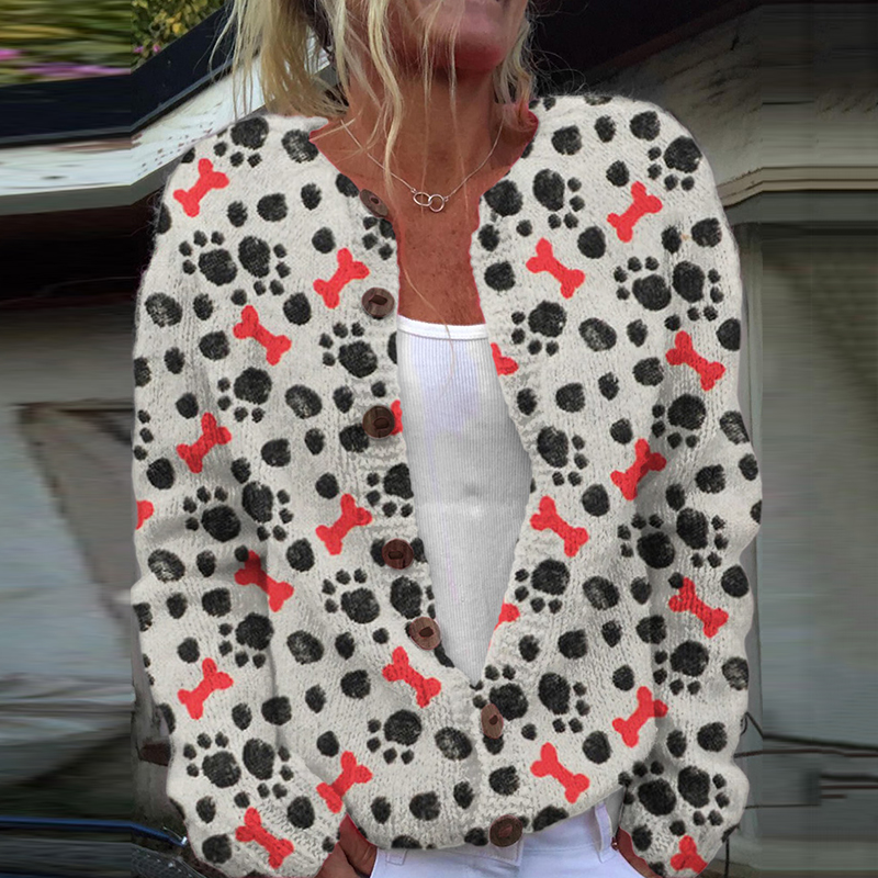 Comstylish Vintage Dog Paw Graphic Warm Knitted Cardigan Sweater