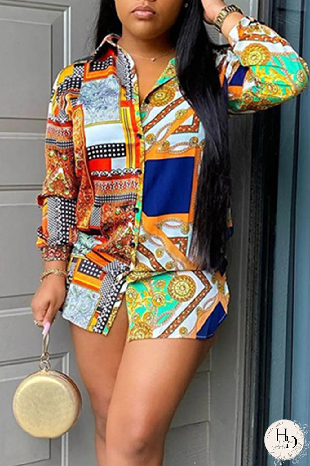 Multi-color Casual Print Split Joint Buckle Turndown Collar Tops