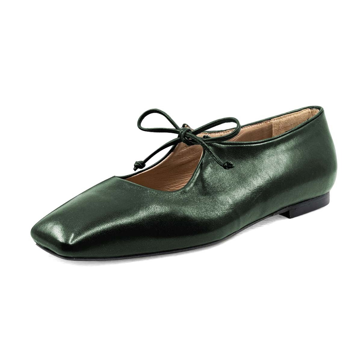 Vegan Leather Square Toe Lace Up Metallic Green Mary Jane Flats Nicepairs
