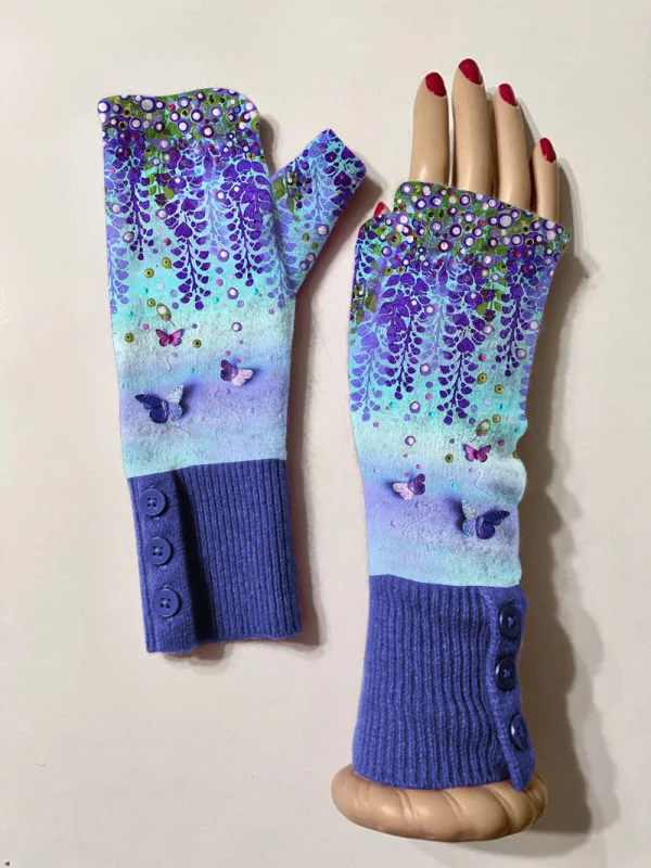 Retro butterfly floral casual print knit fingerless gloves