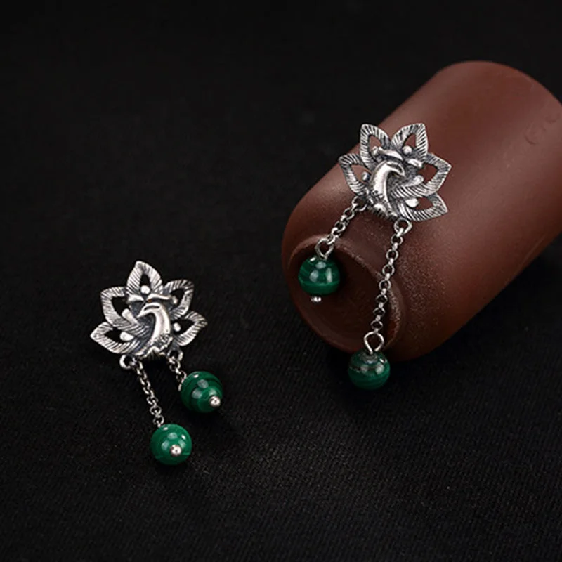 990 Sterling Silver Malachite Phoenix Peony Flower Bead Protection Drop Earrings