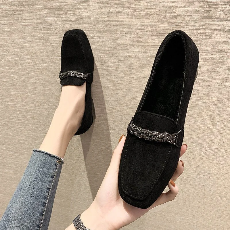 2021 Autumn Winter Women Loafers Low Heels Boat Shoes Square Toe Dress Shoes Chain Faux Suede Plush Warm Ladies Shoes