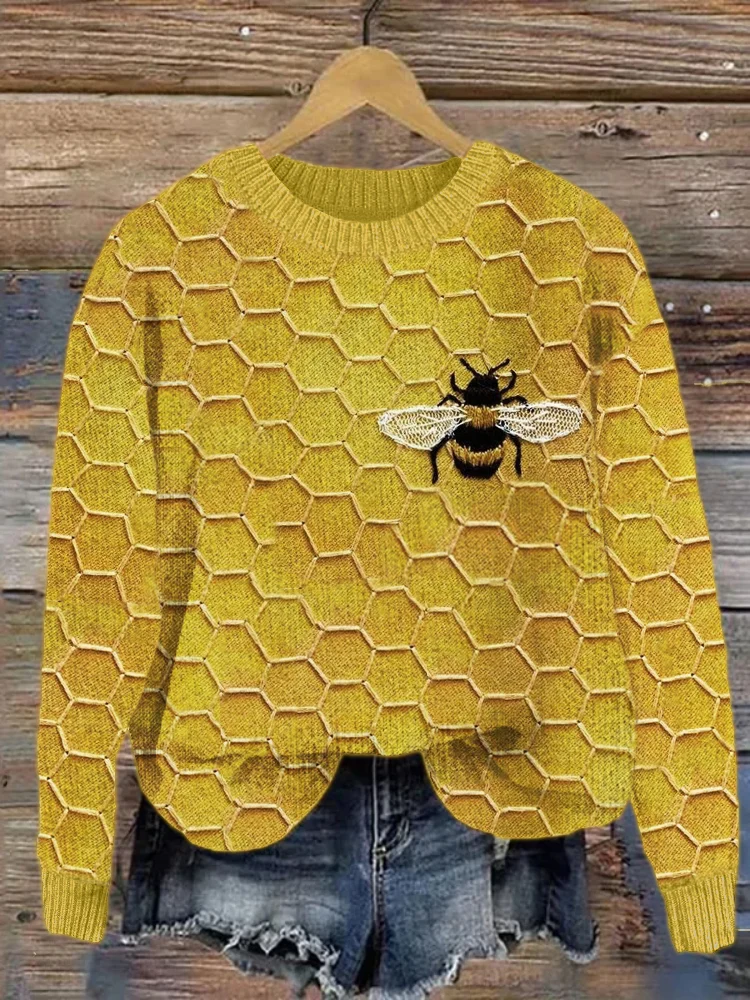 VChics Bee & Honeycomb Embroidery Pattern Cozy Knit Sweater