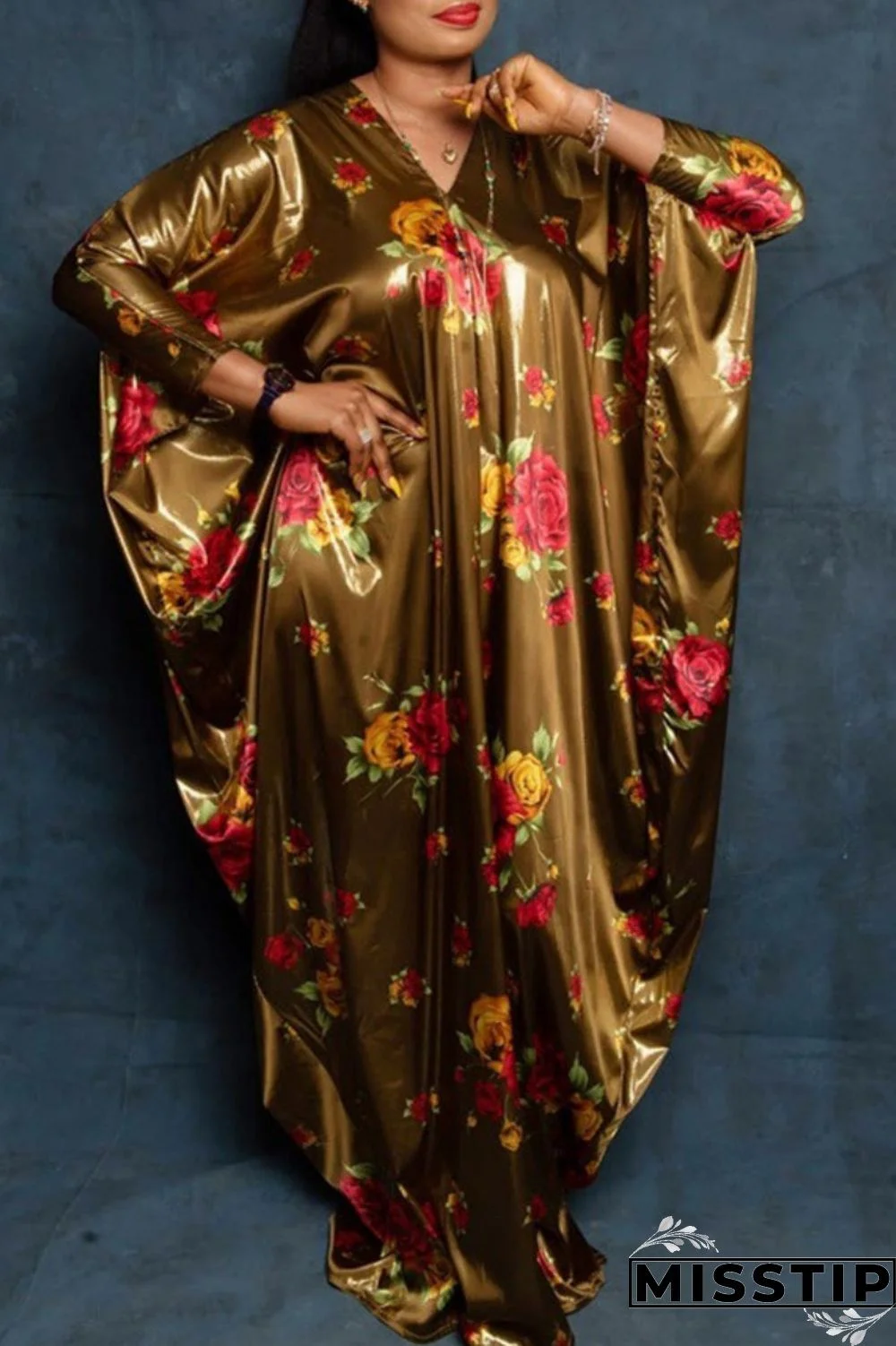 Coffee Casual Print Basic V Neck Long Dress Plus Size Dresses