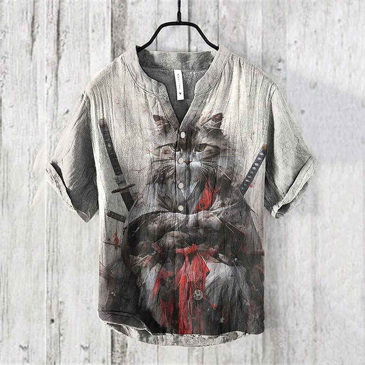 Comstylish Japanese Warrior Cat Art Linen Blend Shirt