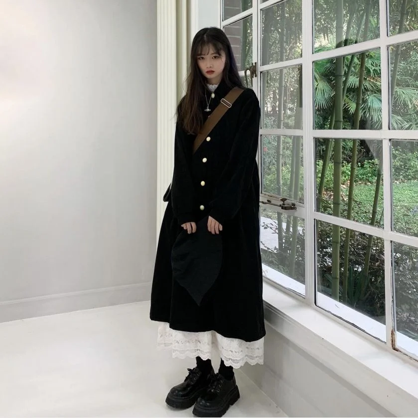 Long-Sleeve Shirtdress / Lace Trim A-Line Midi Skirt YP2637