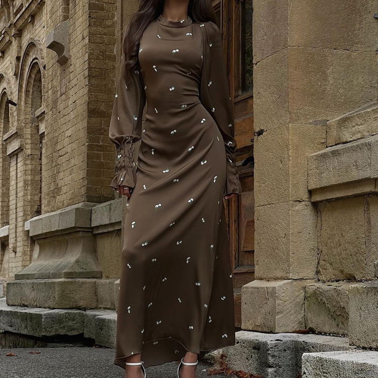 Ootddress Printed Bandage Fashion Long Dress Ladies Elegant Satin High Street Party Dress Casual Long Sleeve Patchwork Maxi Dress