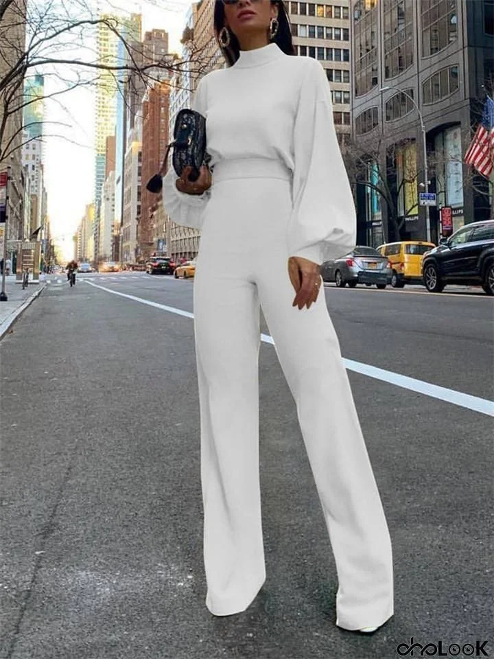 Casual High Neck Backless Long Sleeve Jumpsuit