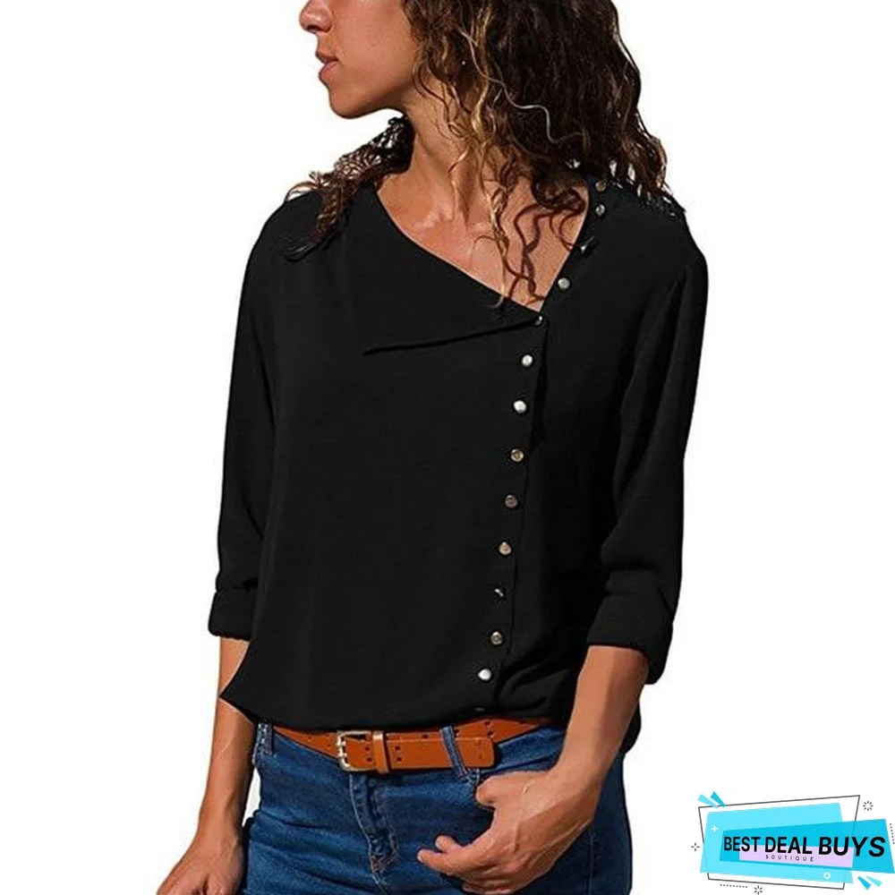 Women Chiffon Blouse Long Sleeve Skew Collar Solid Casual Tops Blouse