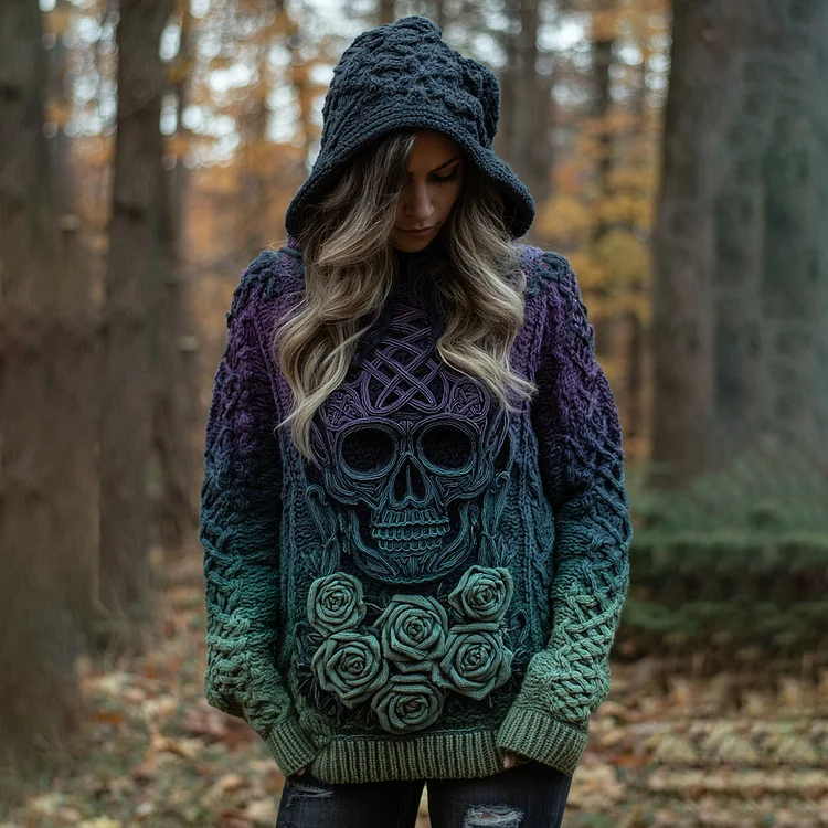 Women's Viking Tribal Jacquard Celtic With Rose And Skull Inspired Chunky Knit Hooded Sweater