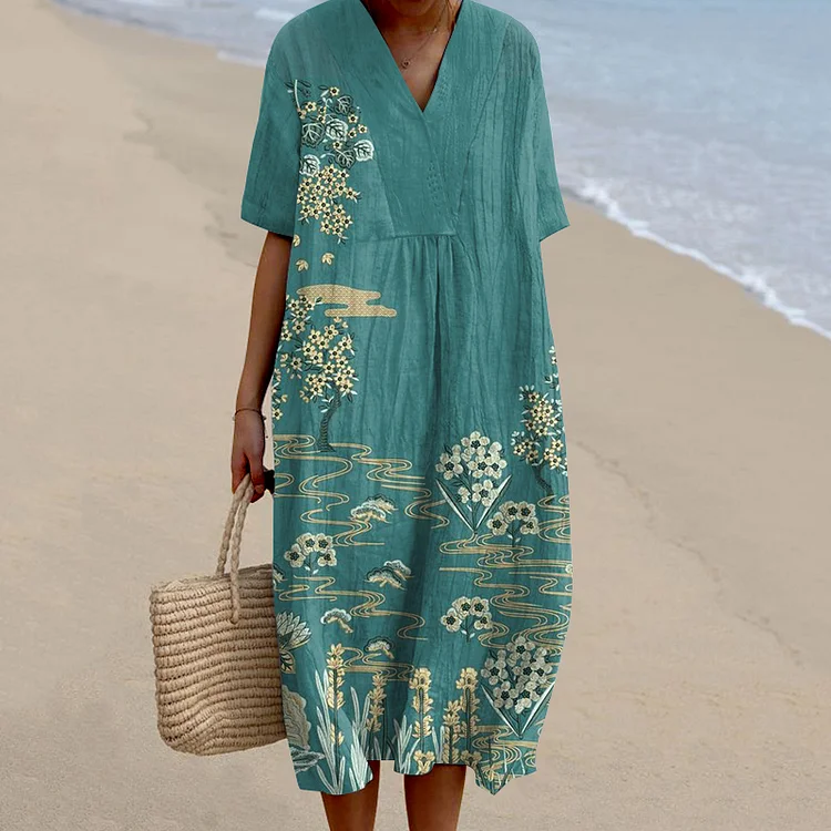 Vintage Floral Art Casual V Neck Short Sleeve Midi Dress