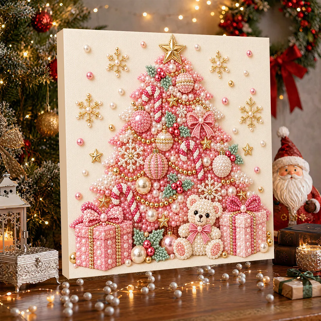 Framed Pearl Painting Kit Pink Christmas Tree 7.87x7.87in