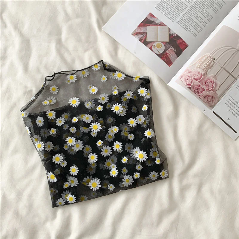 T-shirts Women Mesh Design Sun Protection Summer Transparent Thin Top Sexy Lady Ins Popular Floral Print Chic Female Ulzzang New