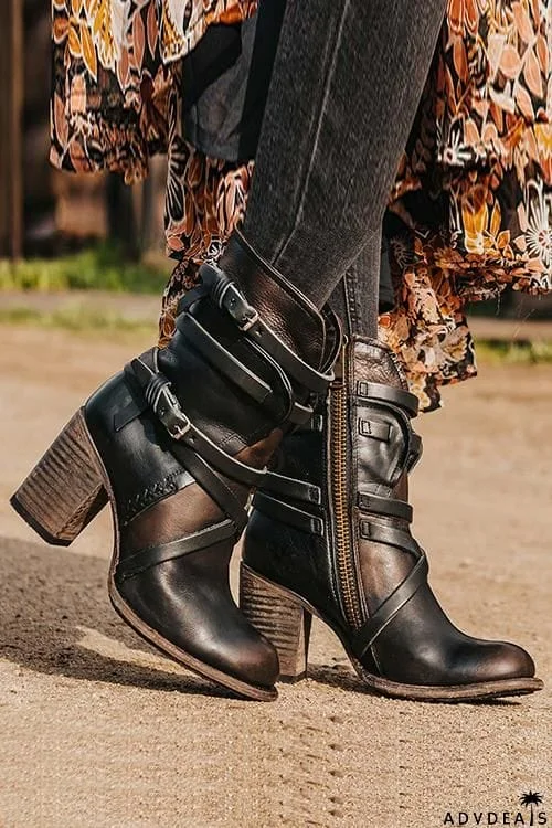Vintage Buckle Zipper Mid-Calf Boots