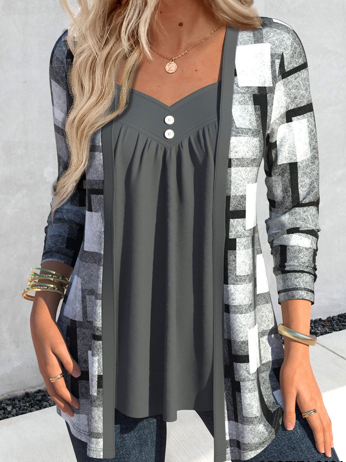 Women Long Sleeve V-neck Plaid Printed Graphic Button Fake 2in1 Tops