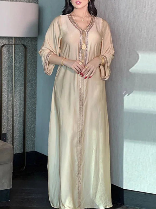 Long Sleeves Loose Muslim Rhine Stones V-Neck Maxi Dresses Robes