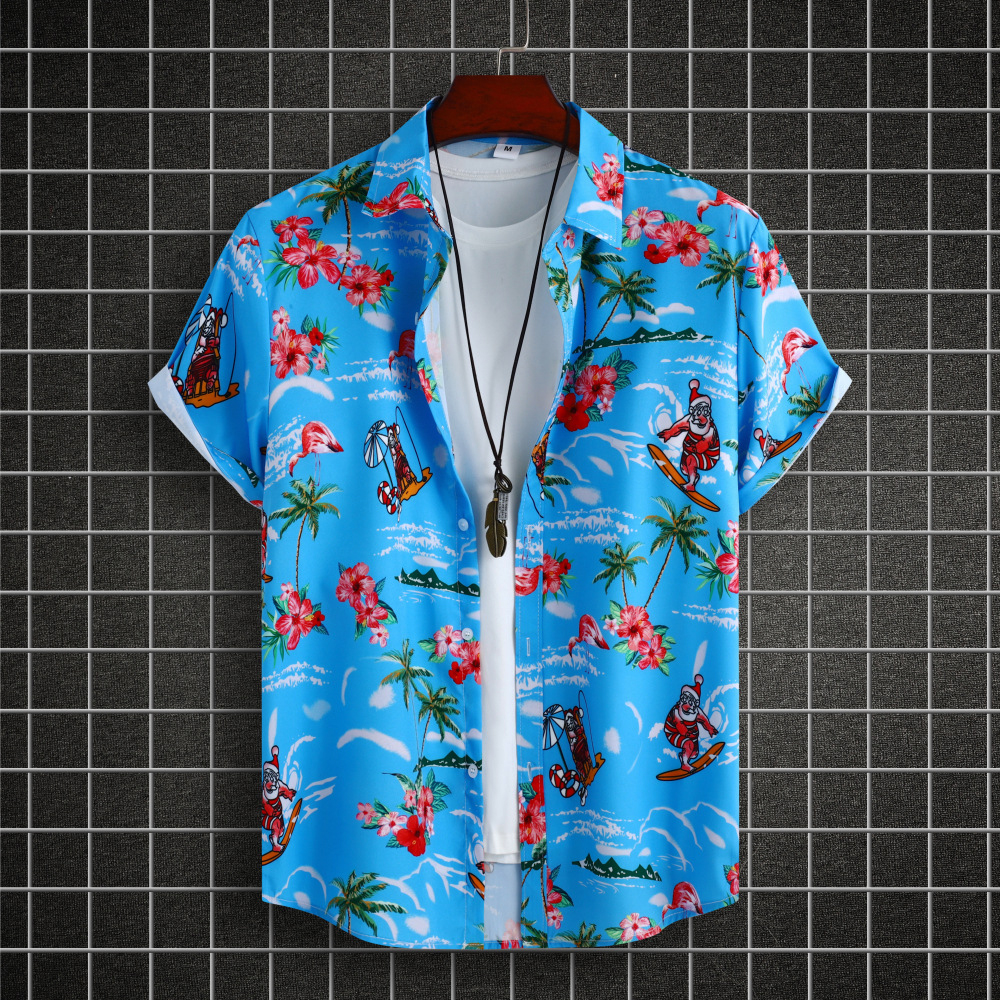Santa Print Beach Button Down Hawaiian Casual Shirts