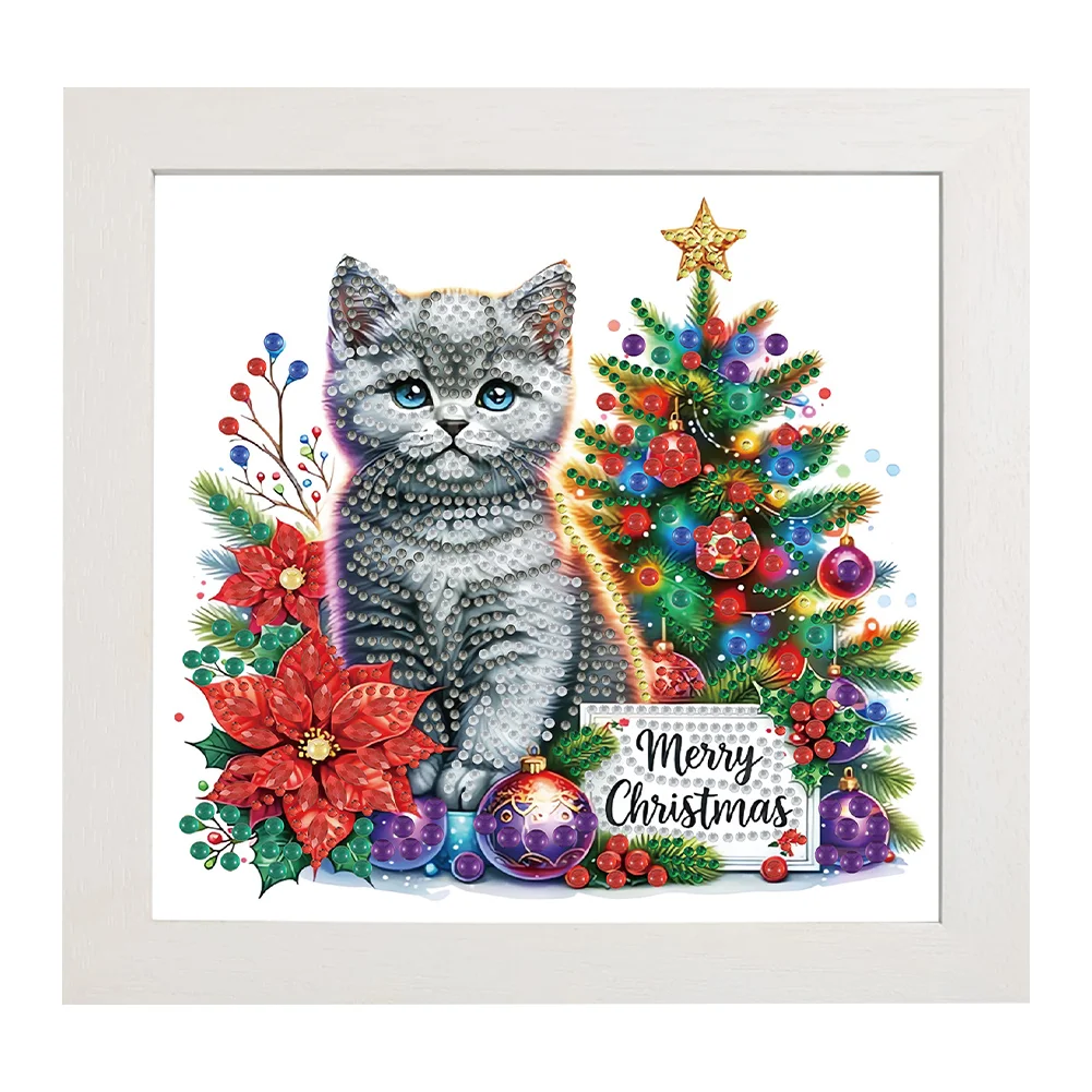 5D DIY Partial Special Shaped Drill Diamond Painting Christmas Cat 22.8x22.8cm【With Frame】