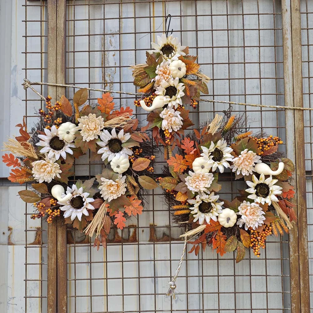 Autumn Thanksgiving White Pumpkin Wreath Sunflower Decoration