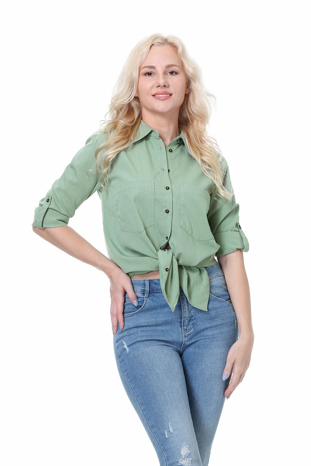 Women's Bracelet Sleeve Shirts with Two Pockets Olive Alex Vando Fashion