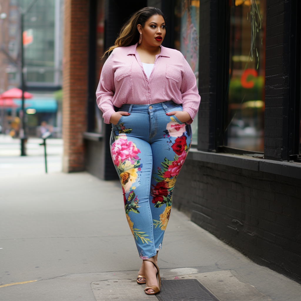 Design Plus Size Daily Jeans Casual Blue Floral Spring Summer Pocket Denim Jeans [Pre-Order]