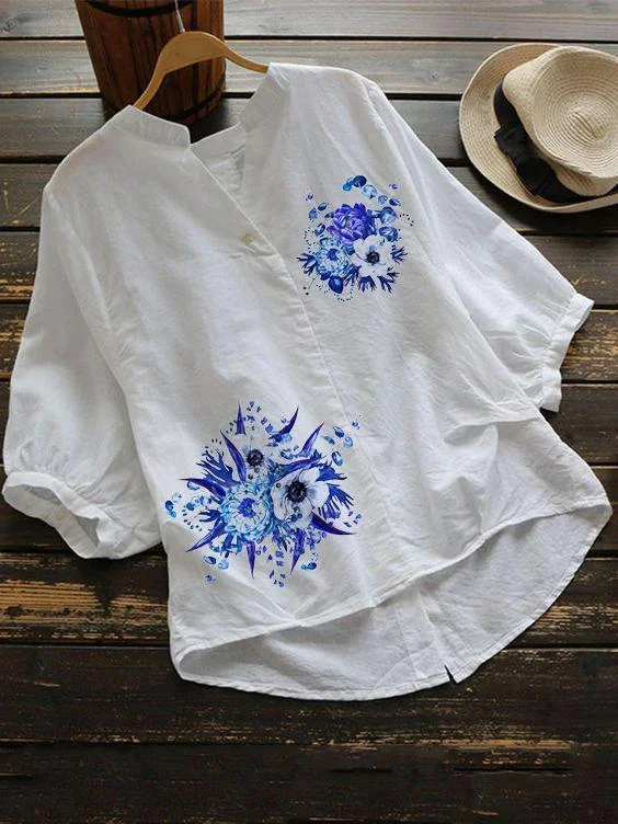 Floral casual linen women blouse shirts