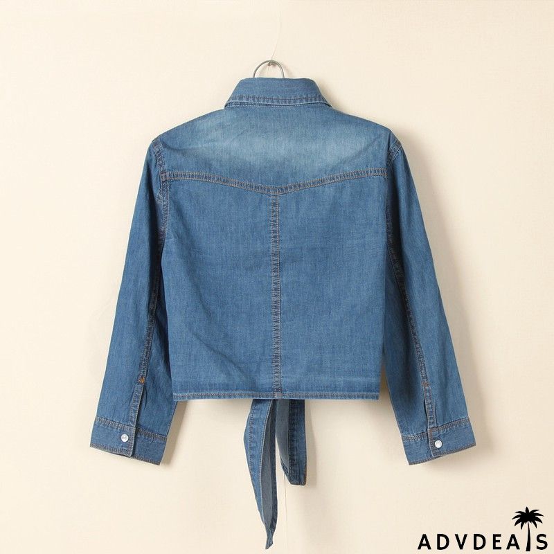 Puff Sleeve Bow Neck Denim Shirt