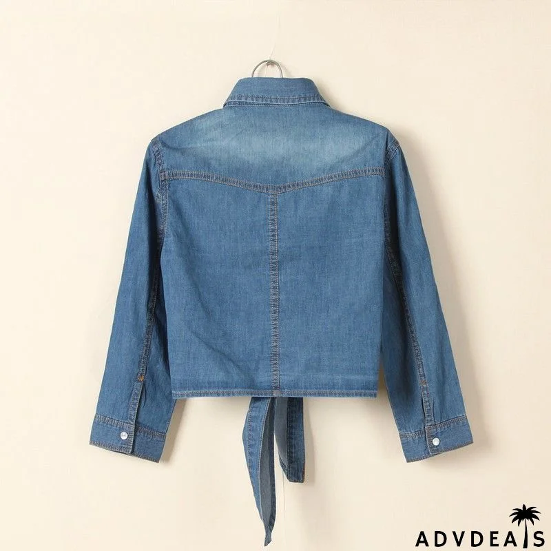 Puff Sleeve Bow Neck Denim Shirt
