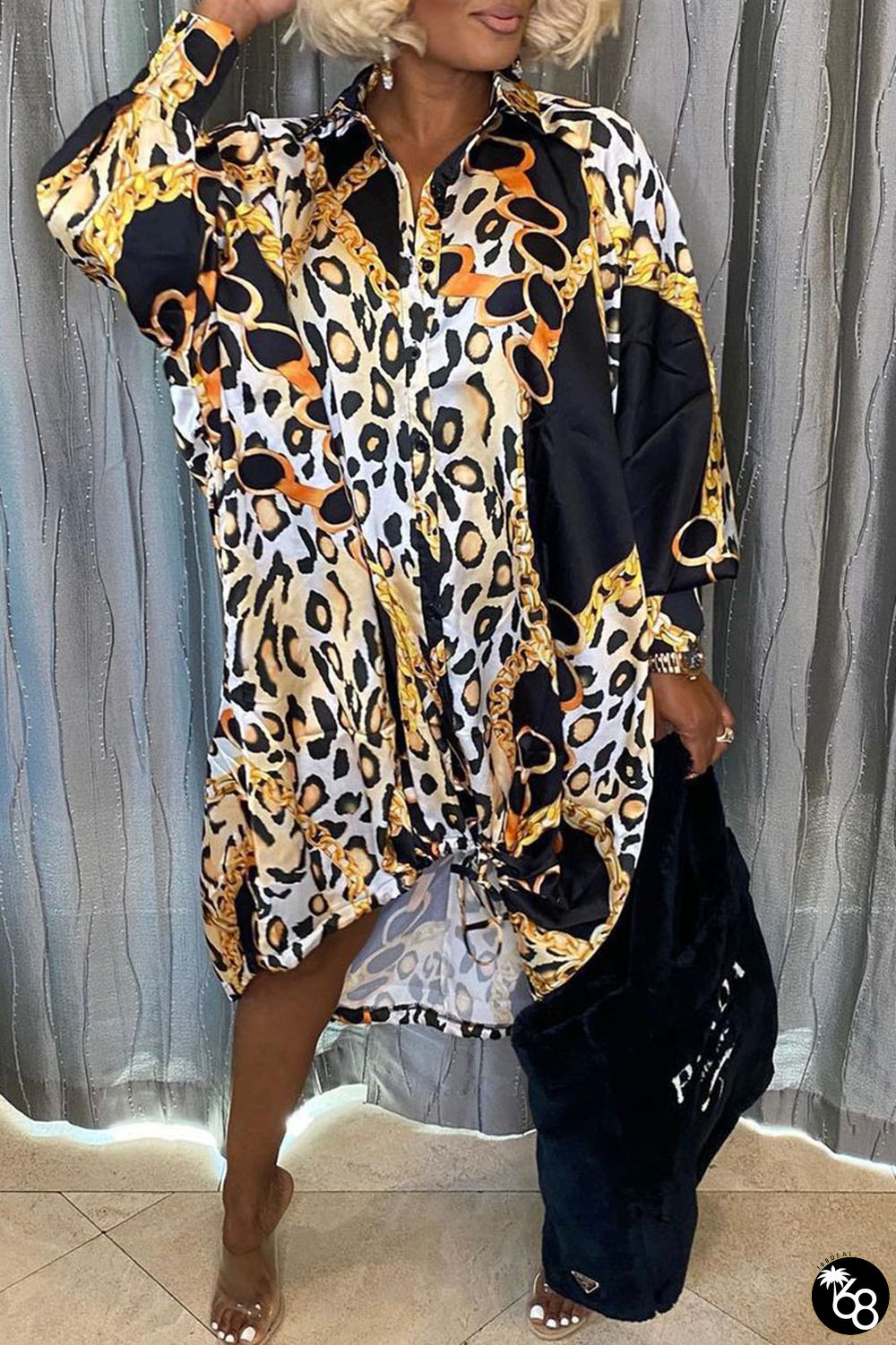 Casual Print Patchwork Buckle Asymmetrical Turndown Collar Shirt Dress Dresses | 168DEAL