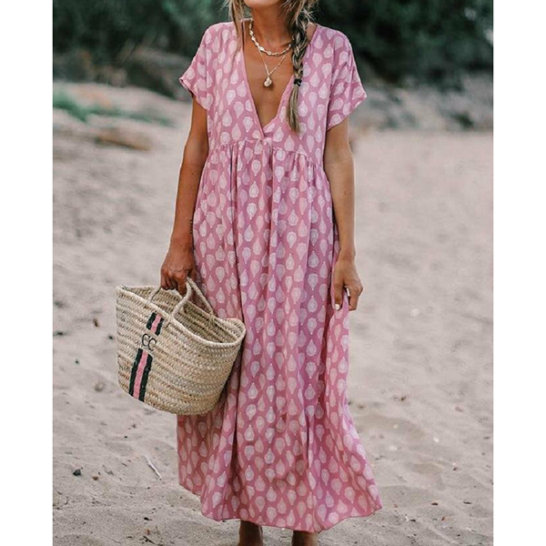 V-neck Loose Short-Sleeve Printed Dress