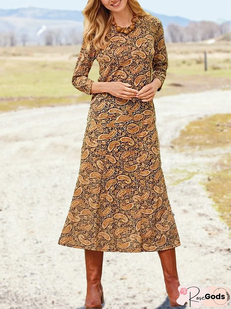 Ethnic Cotton-Blend Crew Neck Dresses