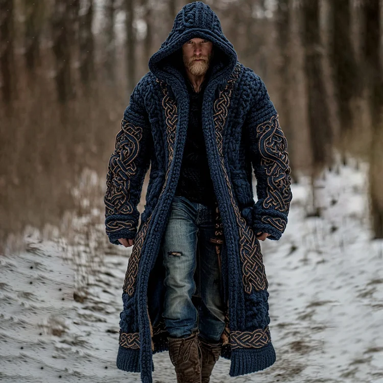 Men's Viking Celtic Knot Art Pocket Mid-length Cardigan Sweater