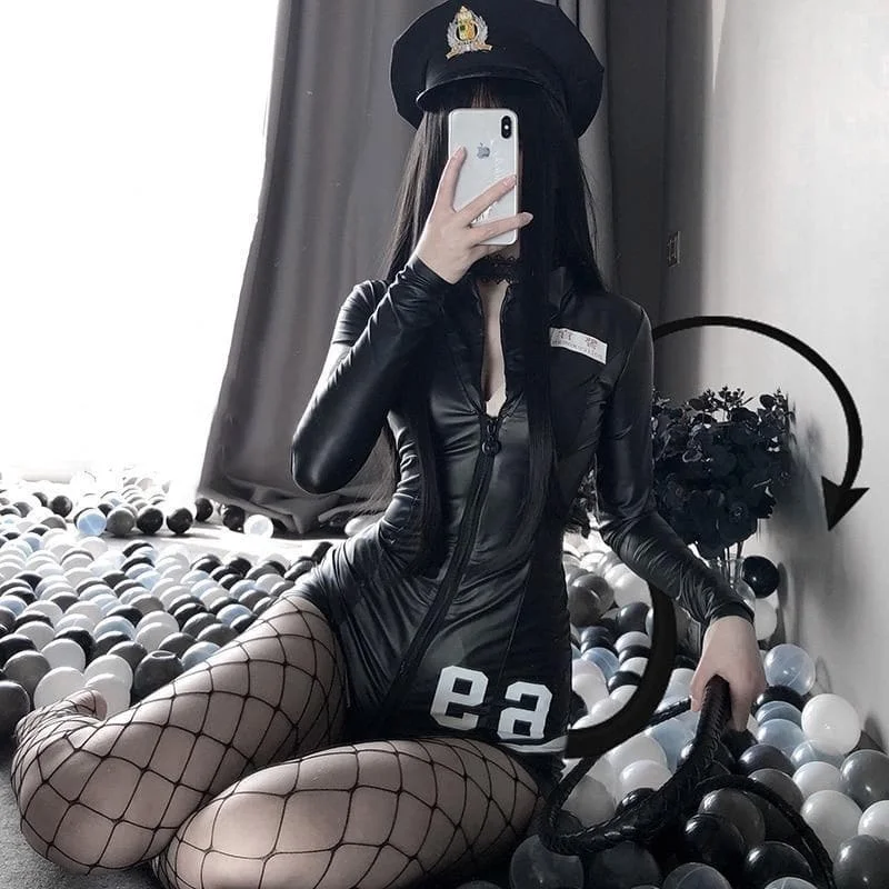Police Women Cosplay Costumes Black PU Leather Zipper Bodysuit SP234