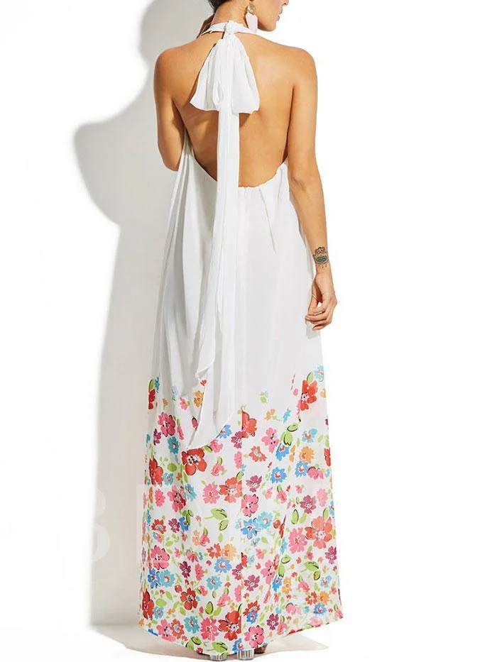 Printed sleeveless halterneck pleated dress