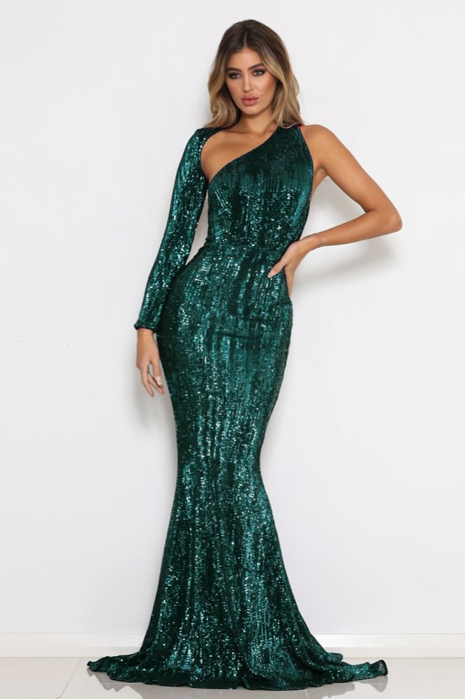 green long sleeve sequins mermaid prom dress
