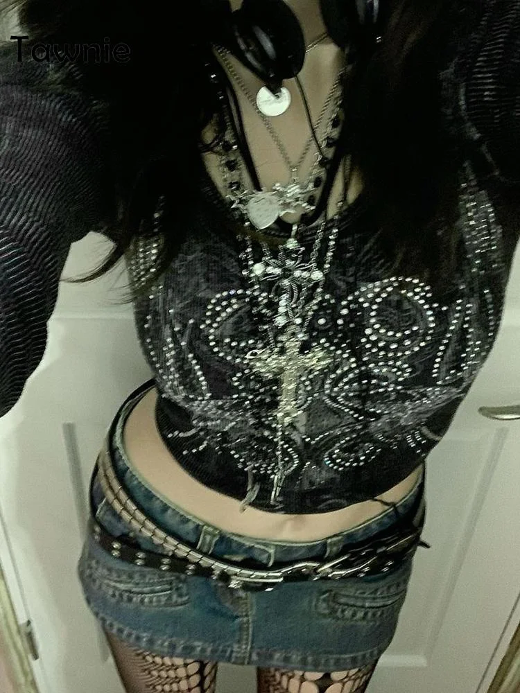 Tawnie Y2K Graphic Rhinestone Print Women T Shirt 2022 Spring Grunge Aesthetic Fairycore Crop Tops O Neck Long Sleeve Tee Top