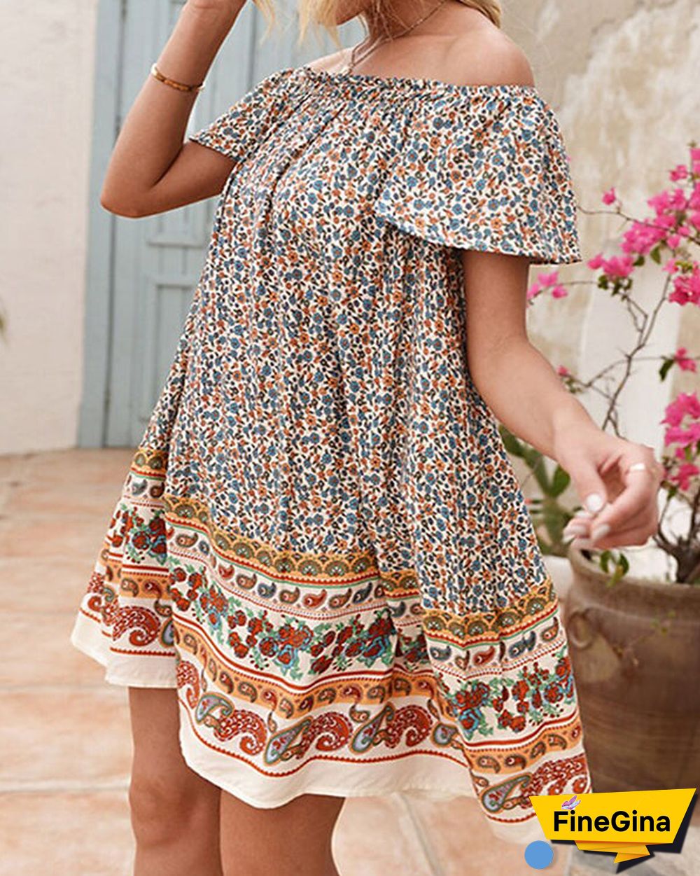 Cropped Off-the-shoulder Mini Boho Floral Dress