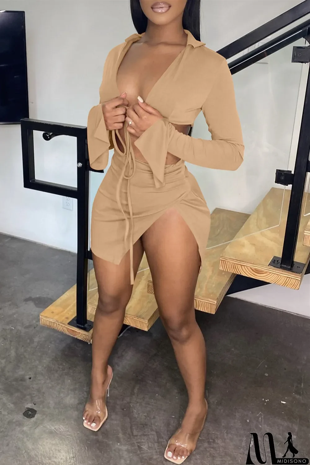 MidiSono - Khaki Sexy Casual Solid Bandage Slit V Neck Long Sleeve Two Pieces