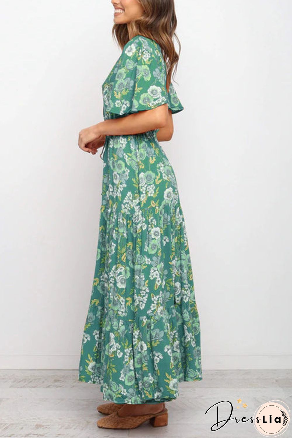 Floral V Neck Tie Waist Maxi Dress