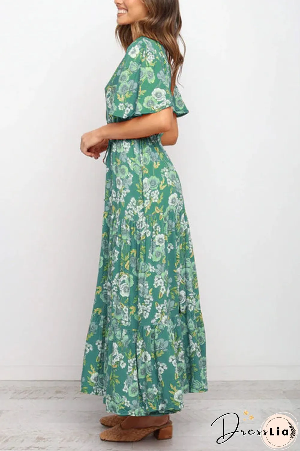 Floral V Neck Tie Waist Maxi Dress