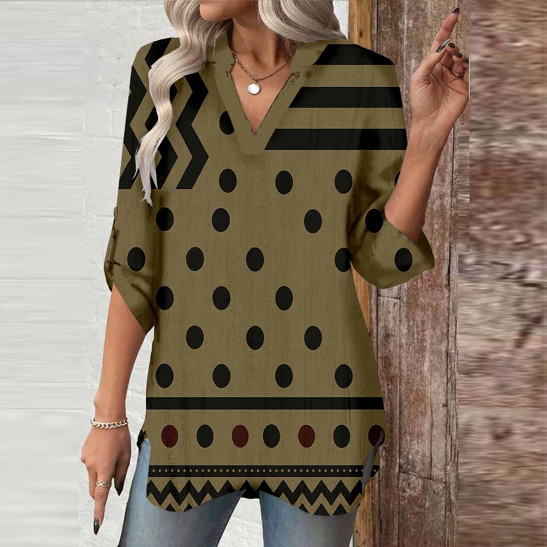 Women Polka-Dot,Striped,Khaki DZGA0320 3/4 Sleeve V-neck Printed Graphic Button Tops