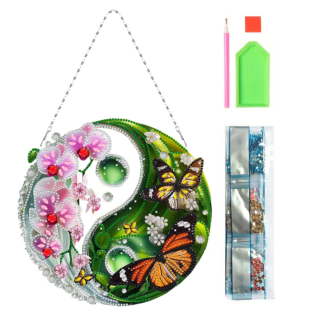 Butterfly Flower Yin Yang 2D Flat DIY Diamond Painting Set Diamond Art Pendant