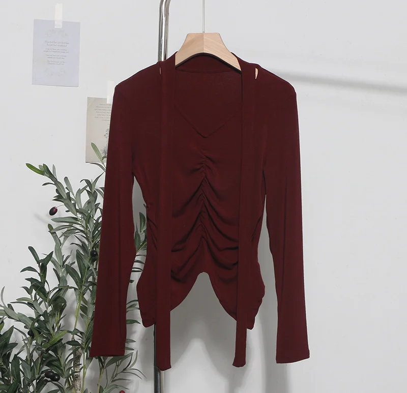 Uveng Real Shooting Explosion Long-Sleeved T-Shirt Girl Autumn Folded Waist-Bottomed Shirt V-Neck Ribbon Open Fork Short Top 9080