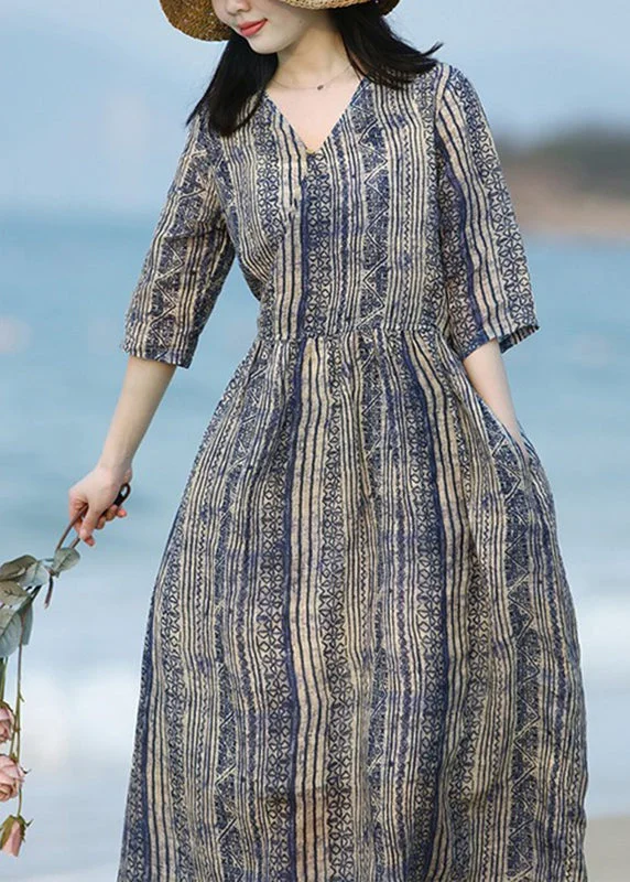 Boho V Neck Striped Print Patchwork Ramie Long Dress Summer