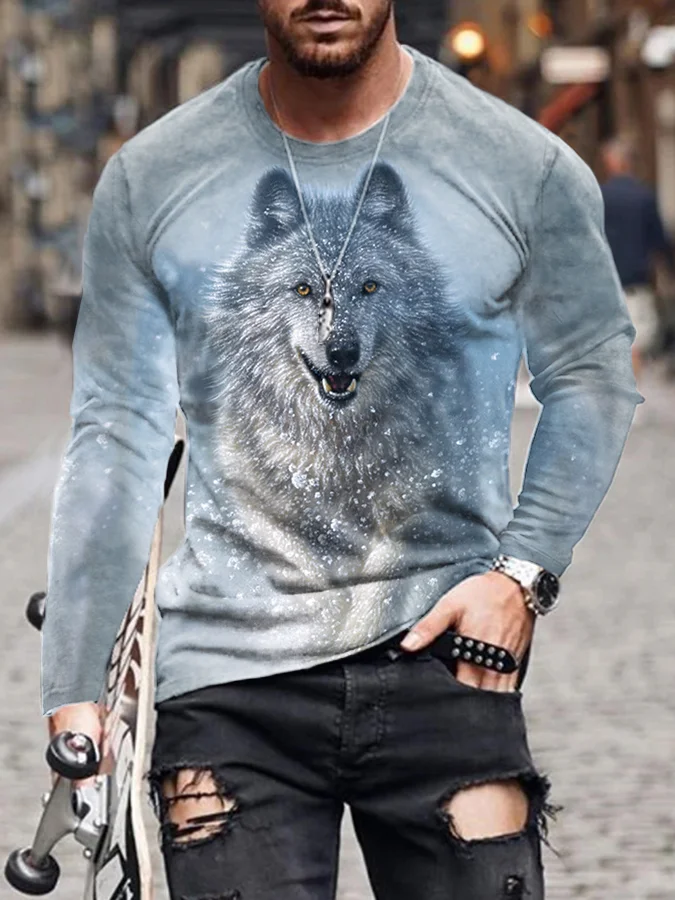 Men's Snow Wolf Prints Crew Neck T-shirt