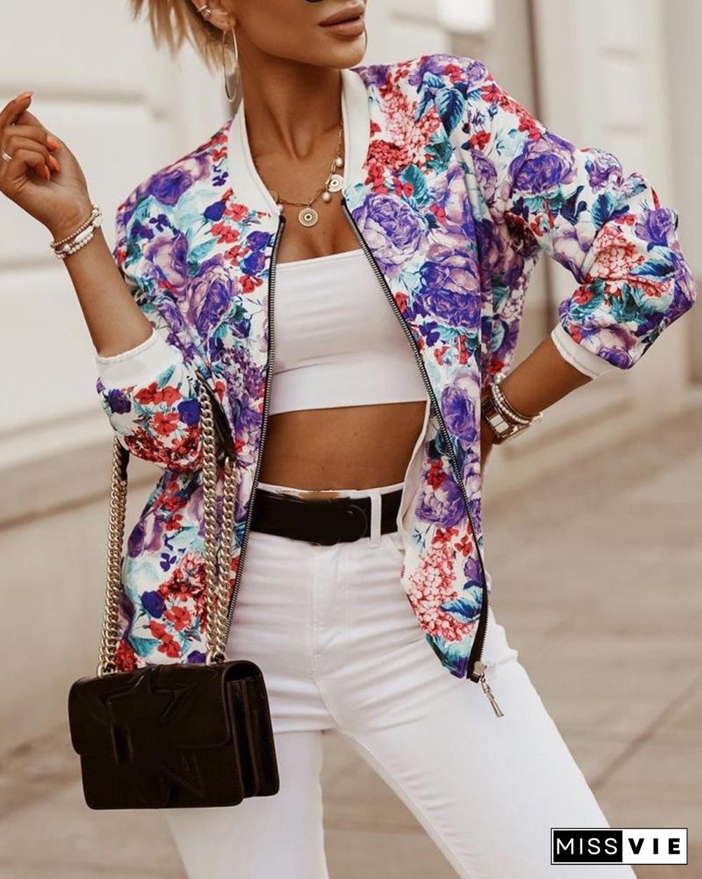 Colorblock/Floral/Leaf Print Zipper Decor Coat