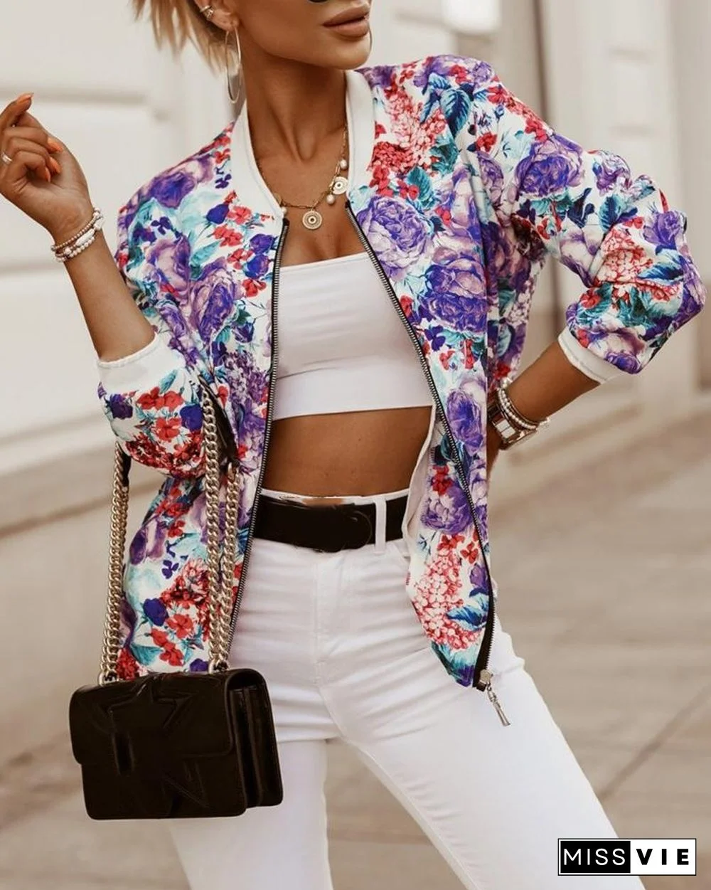 Colorblock/Floral/Leaf Print Zipper Decor Coat