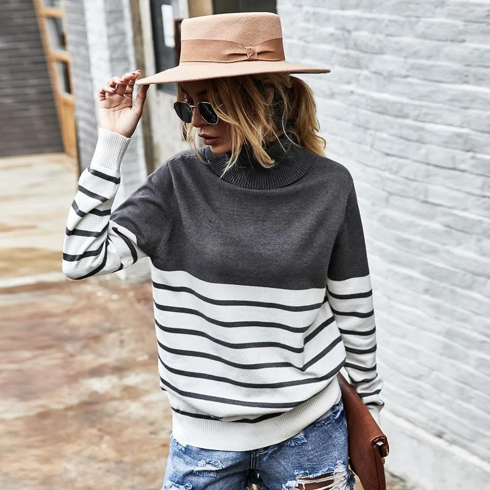 New Autumn and Winter High Collar Striped Sweater Women's Top