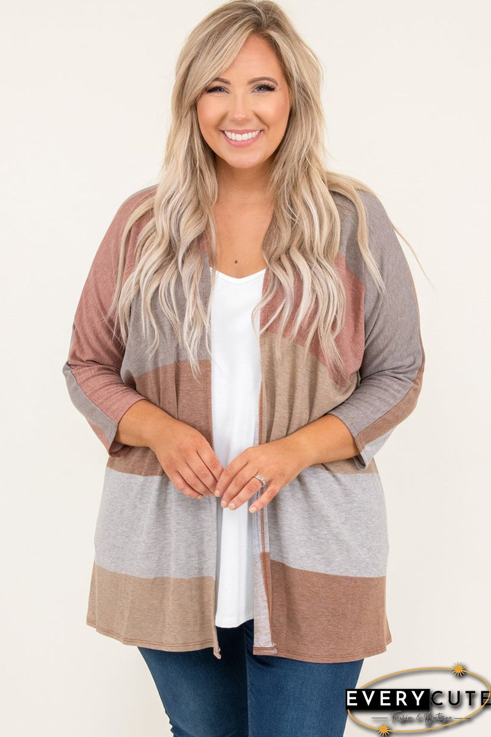 Multicolor Plus Size Colorblock Knit Cardigan
