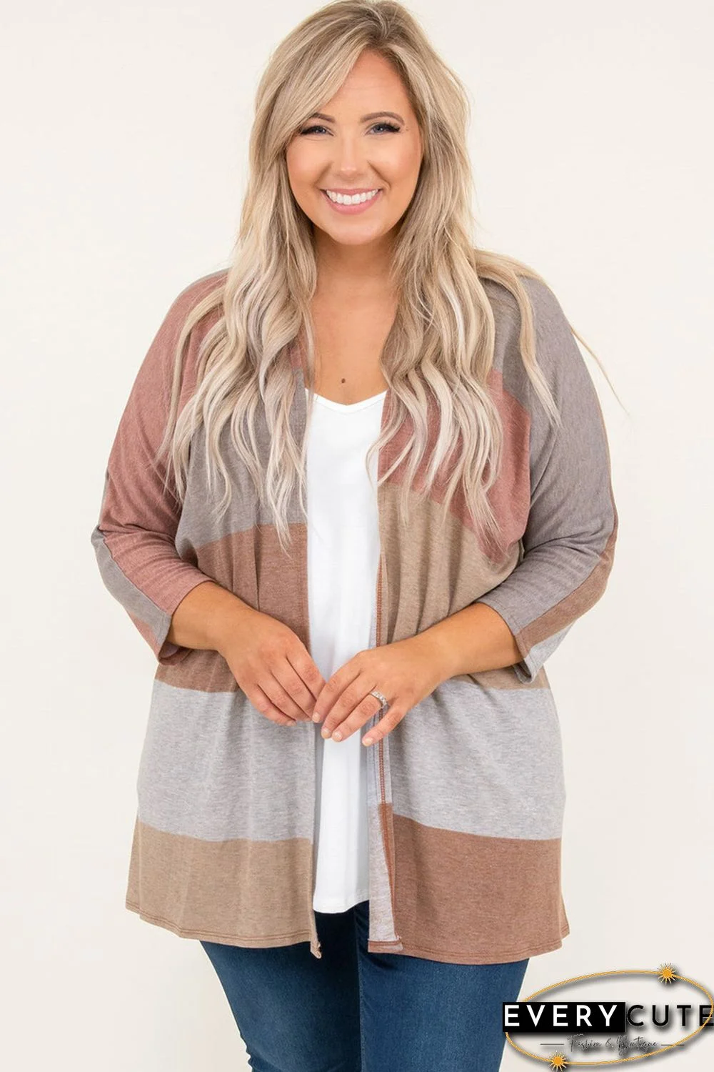 Multicolor Plus Size Colorblock Knit Cardigan